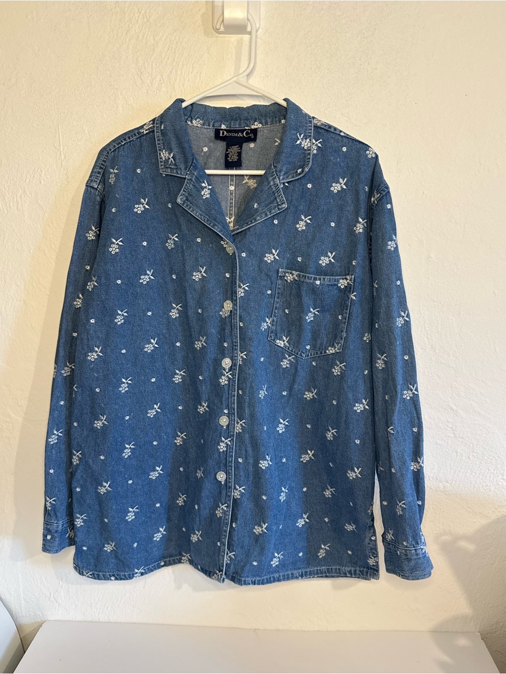 Denim & Co. Denim Size L Floral Embroidered Button-Up Collared Long Sleeve Shirt